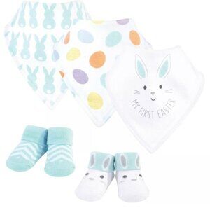 Hudson Baby  Cotton Bib and Sock Set, 5pc. My 1st Easter. New